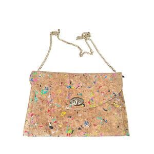 Street Level Cork Vegan Crossbody Clutch Bag Multicolor Speckled Gold Chain